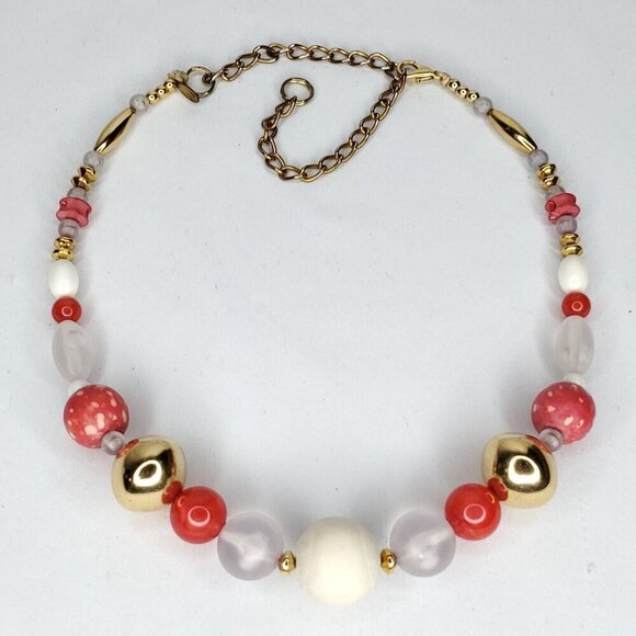 Vintage Red Bead Necklace Goldtone White Clear Frosted Teresa Goodall 16" - Picture 1 of 5